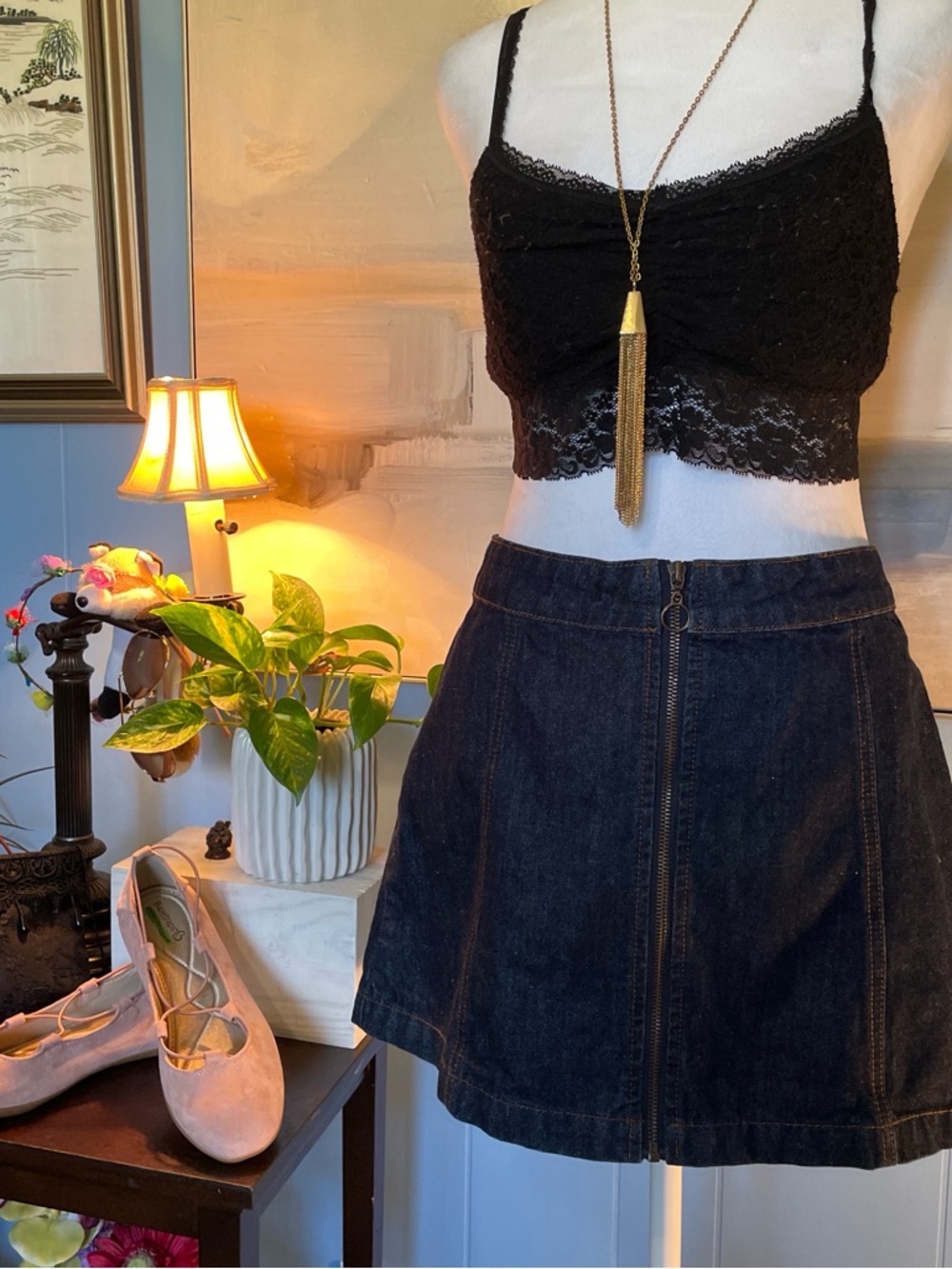 Altar'd State Dark Denim Front-Zip Mini Skirt